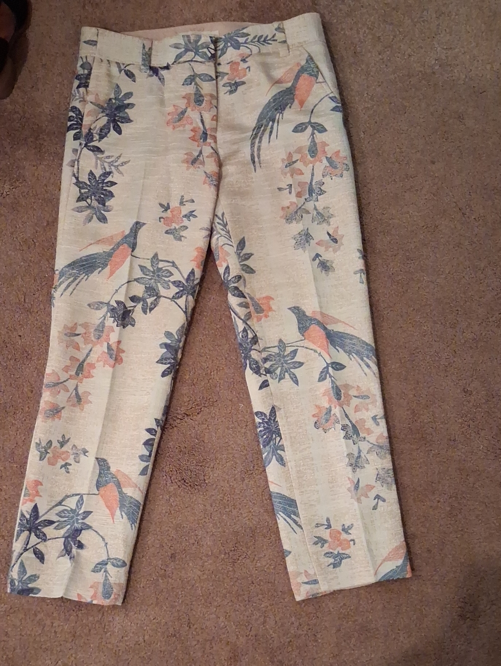 Tory Burch Beige Floral & Bird Print Pants with Blue and Coral Accents